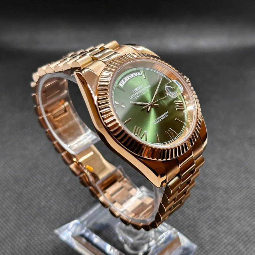 Day - Date Mod "Rose Gold/Green" Watch - Medford Mods