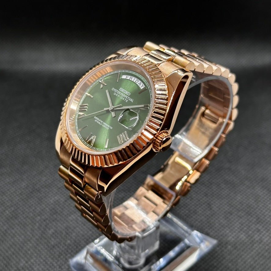 Day - Date Mod "Rose Gold/Green" Watch - Medford Mods
