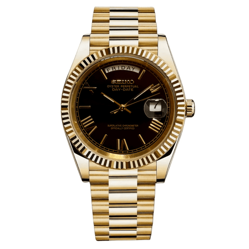 Day - Date Mod "Yellow Gold/Black Roman" Watch - Medford Mods