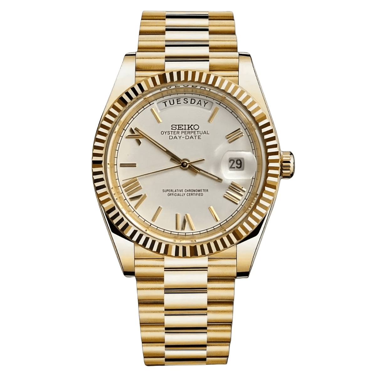 Day - Date Mod "Yellow Gold/White Roman" Watch - Medford Mods